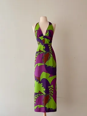 1970's Lime Green & Magenta Hawaiian Halter Dress  / Sz S