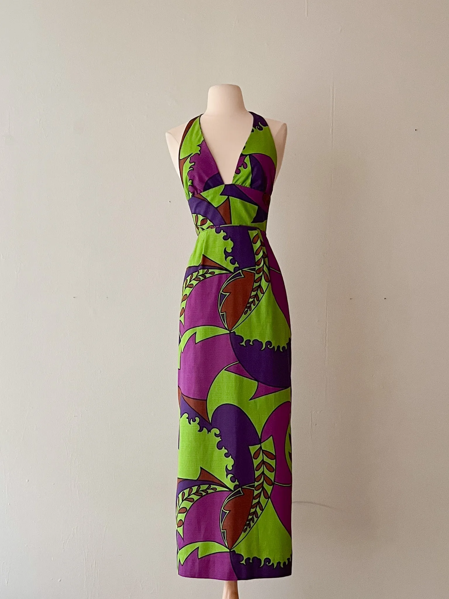 1970's Lime Green & Magenta Hawaiian Halter Dress  / Sz S