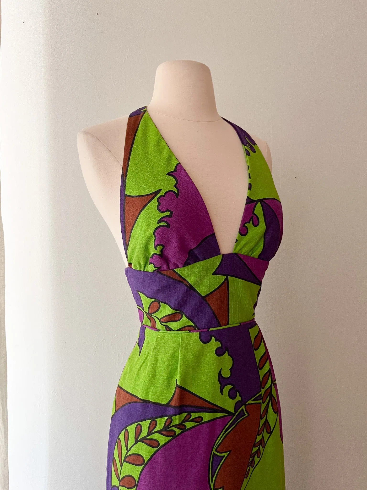 1970's Lime Green & Magenta Hawaiian Halter Dress  / Sz S