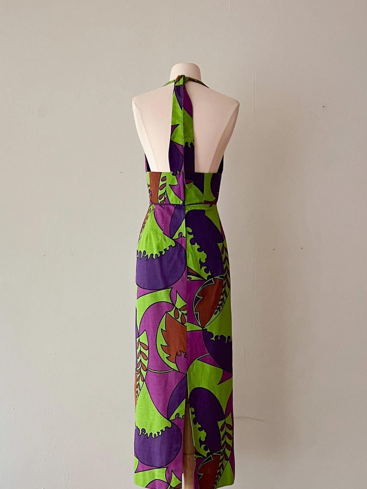 1970's Lime Green & Magenta Hawaiian Halter Dress  / Sz S