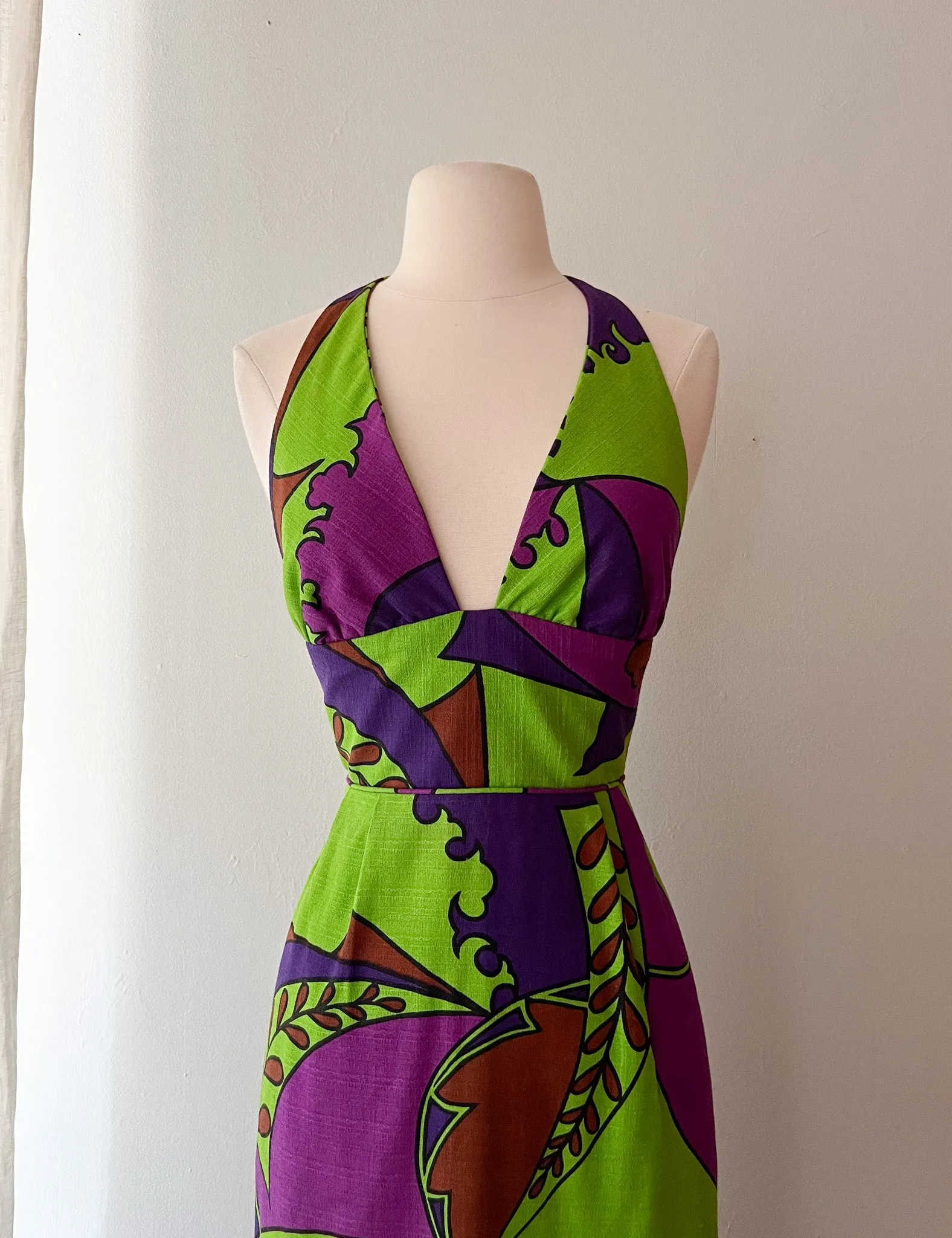 1970's Lime Green & Magenta Hawaiian Halter Dress  / Sz S