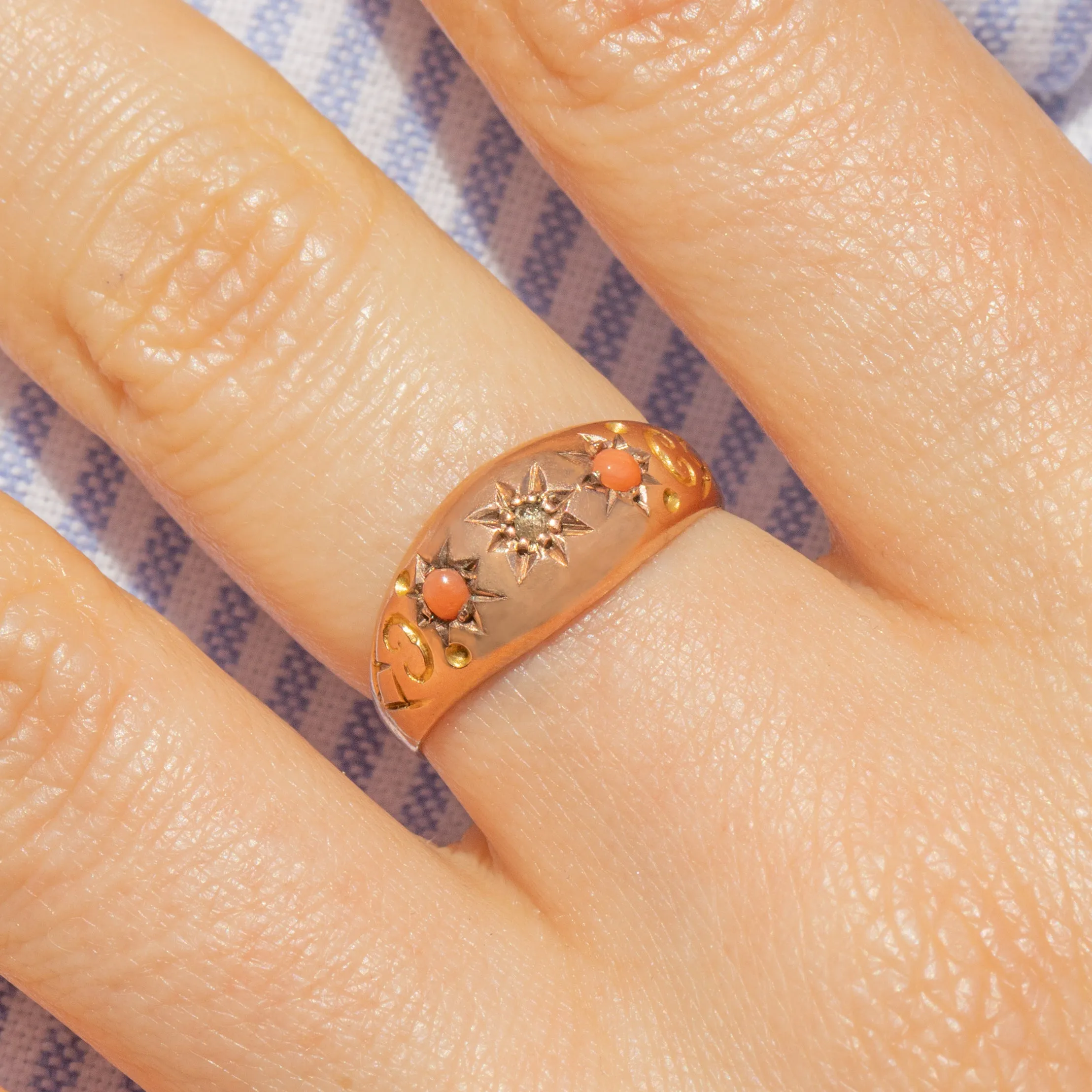 Antique 9ct Gold Coral Diamond Gypsy Ring