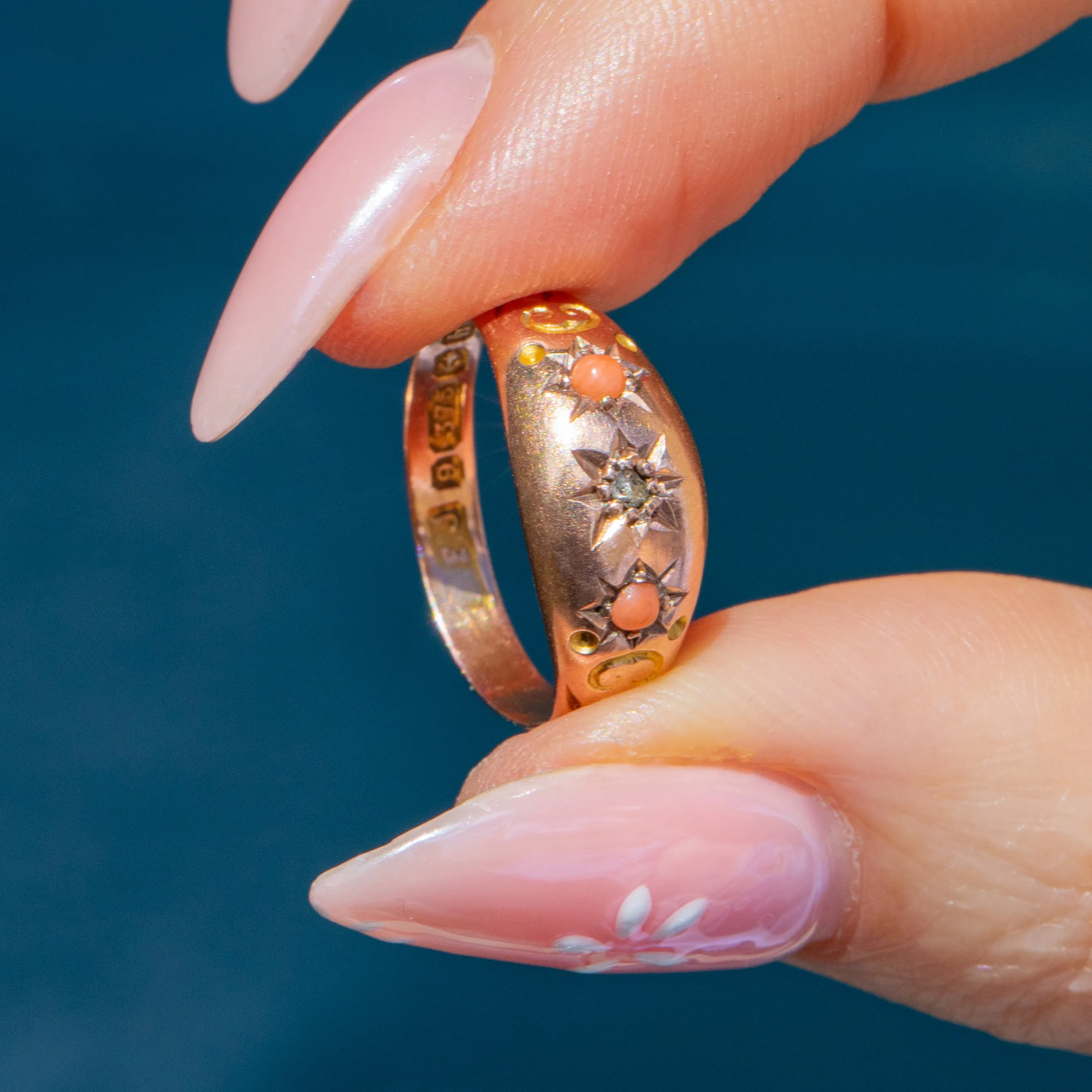 Antique 9ct Gold Coral Diamond Gypsy Ring
