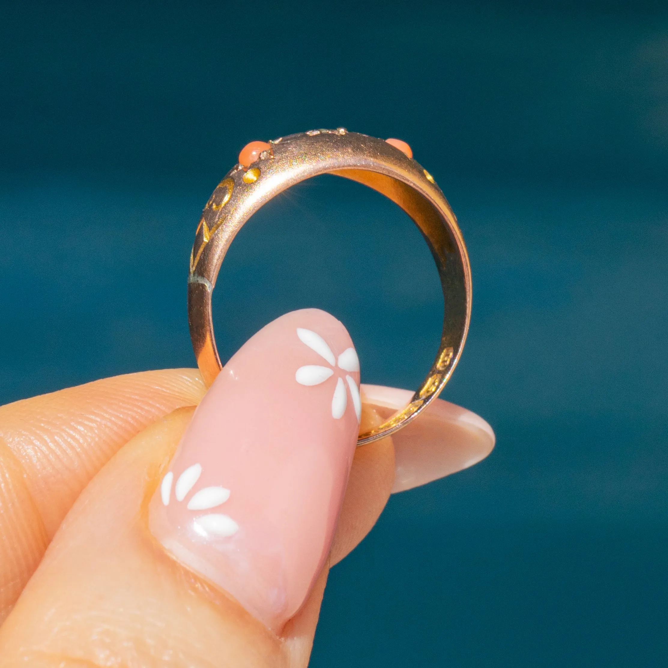 Antique 9ct Gold Coral Diamond Gypsy Ring