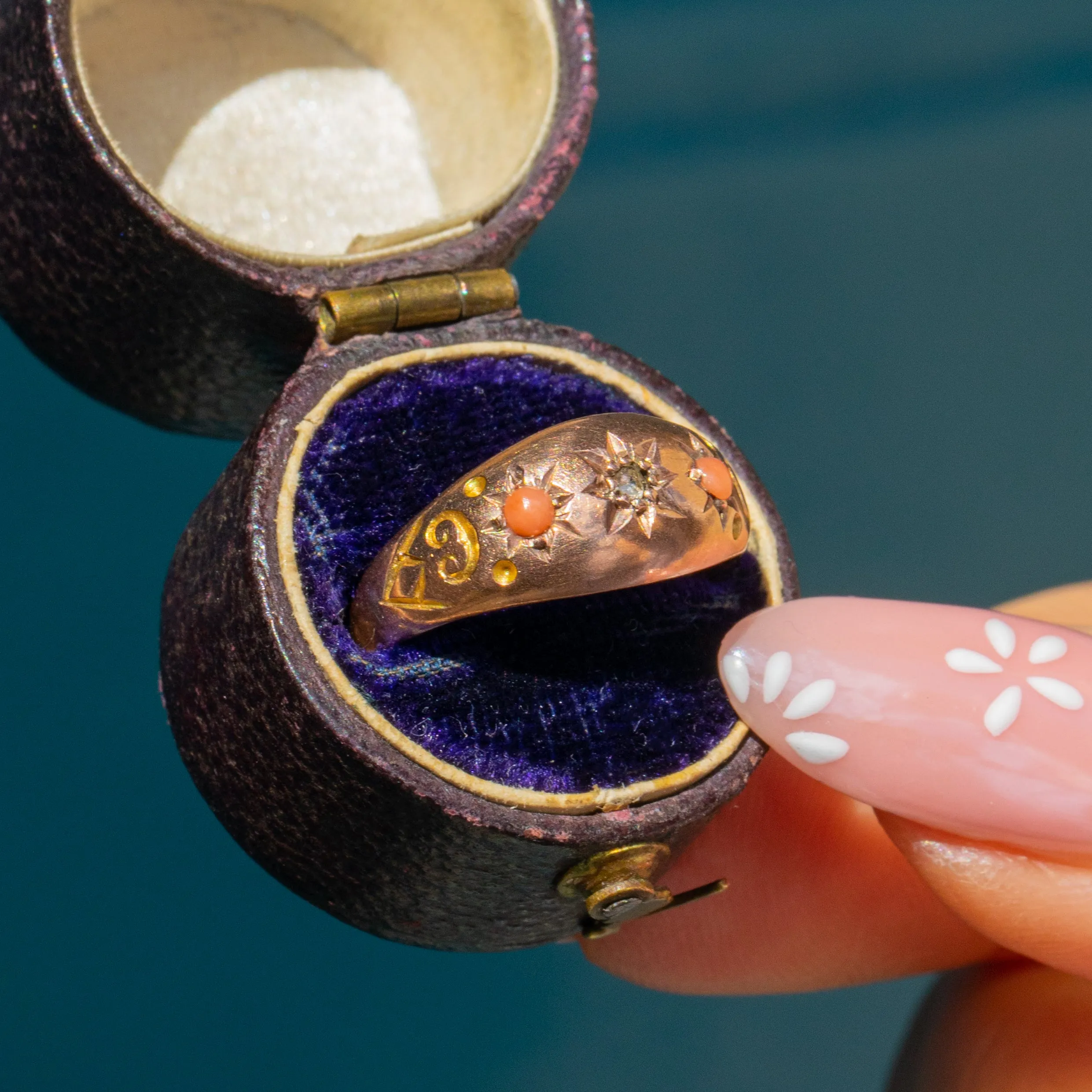 Antique 9ct Gold Coral Diamond Gypsy Ring