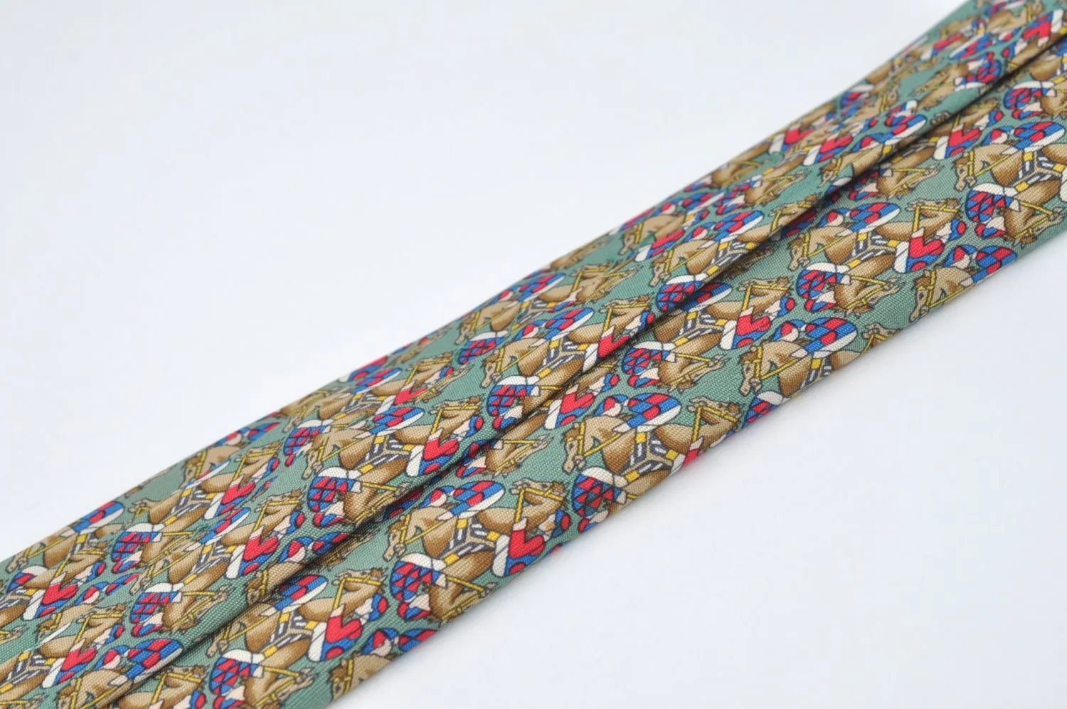 Auth HERMES Vintage Tie Necktie Horse Racing Pattern 7661TA Silk Green K7516