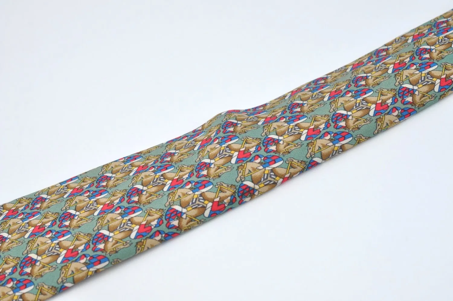 Auth HERMES Vintage Tie Necktie Horse Racing Pattern 7661TA Silk Green K7516