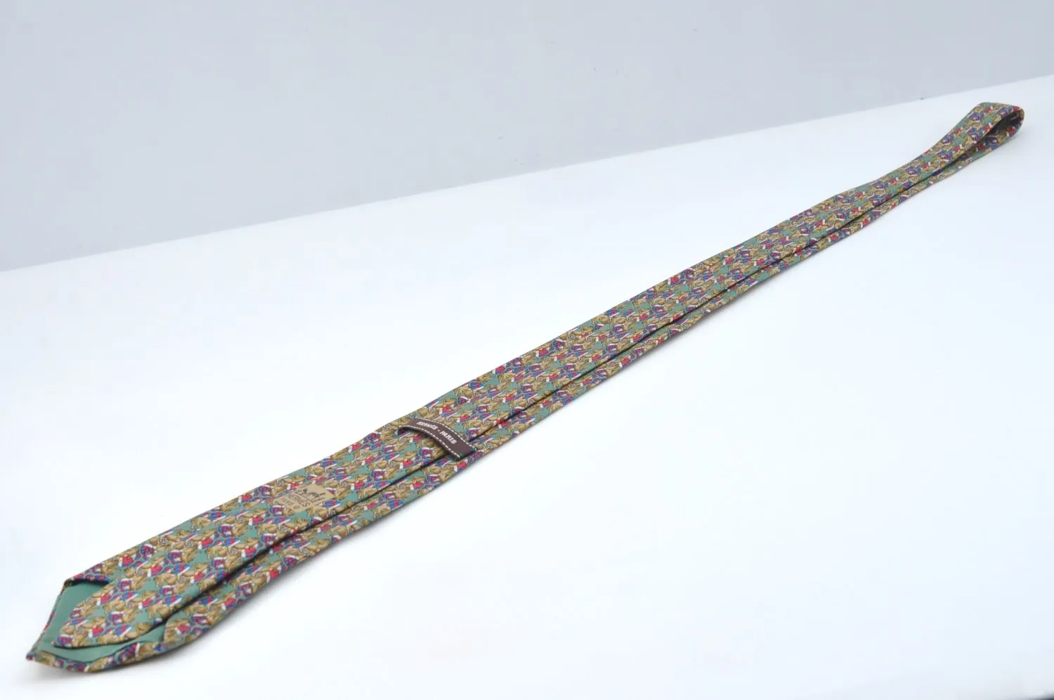 Auth HERMES Vintage Tie Necktie Horse Racing Pattern 7661TA Silk Green K7516