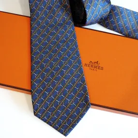 Authentic Vintage Hermes Silk Tie 803 MA Blue Brown