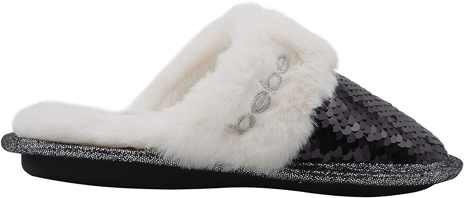 bebe Girls' Big Kid Slip On Flip Sequin Plush Slippers with Faux Fur Trim, Cute Shimmer Bling Flat Shoes for Indoor, Outdoor Use