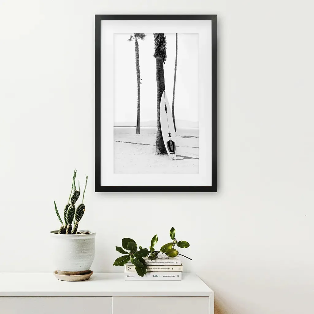 Black White Boho Summer Poster. Surfboard, Palm Trees