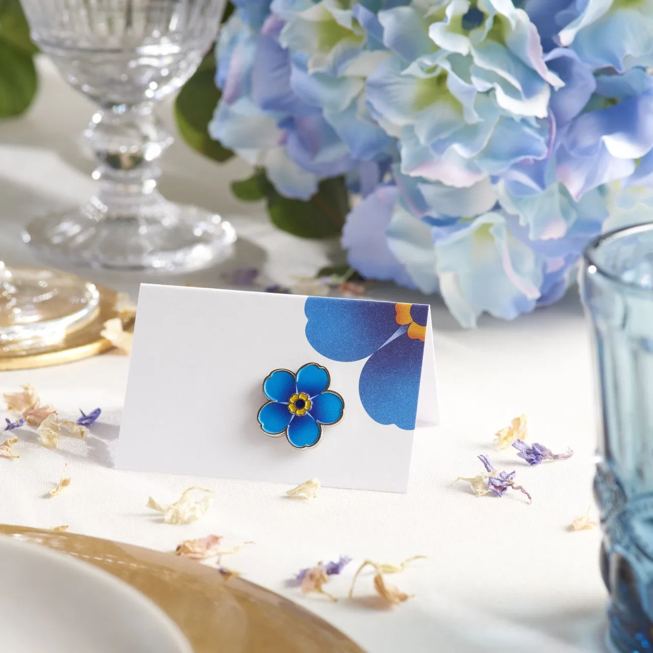 Blue enamel forget-me-not flower pin badge and wedding table cards x 10