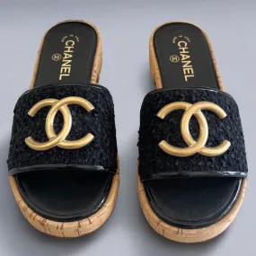 Chanel Tweed Cork CC Mule Sandal