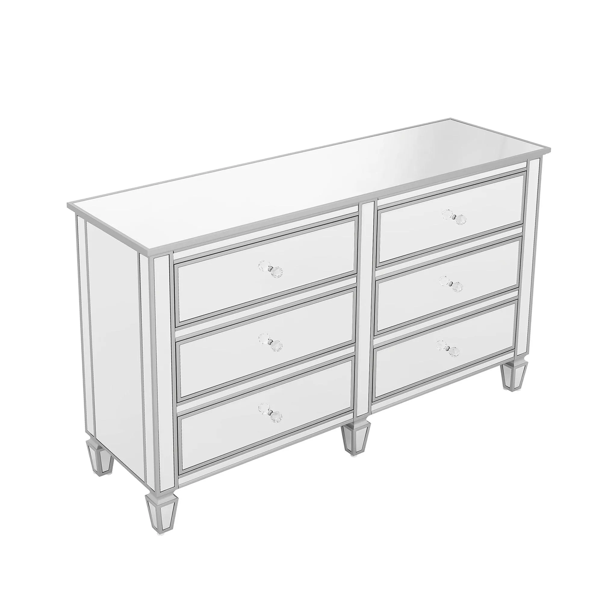 Elegant Mirrored Dresser with 6 Drawers, Modern Silver Finished Dresser 56.1“L x 18.1” W x 36.4” H for Living Room Bedroom