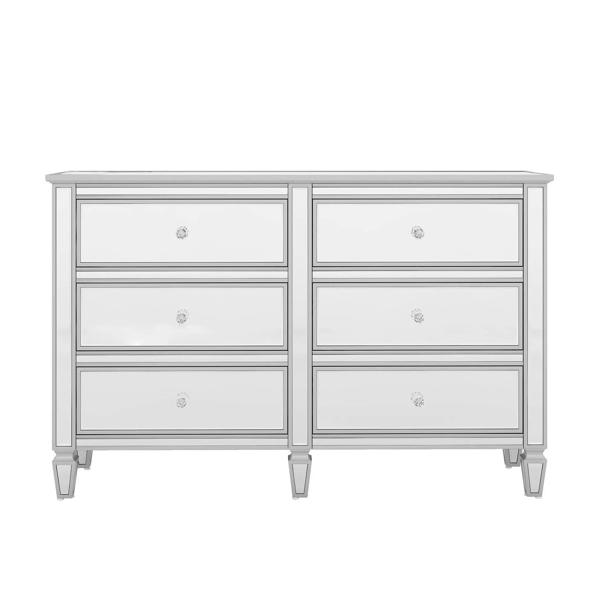 Elegant Mirrored Dresser with 6 Drawers, Modern Silver Finished Dresser 56.1“L x 18.1” W x 36.4” H for Living Room Bedroom