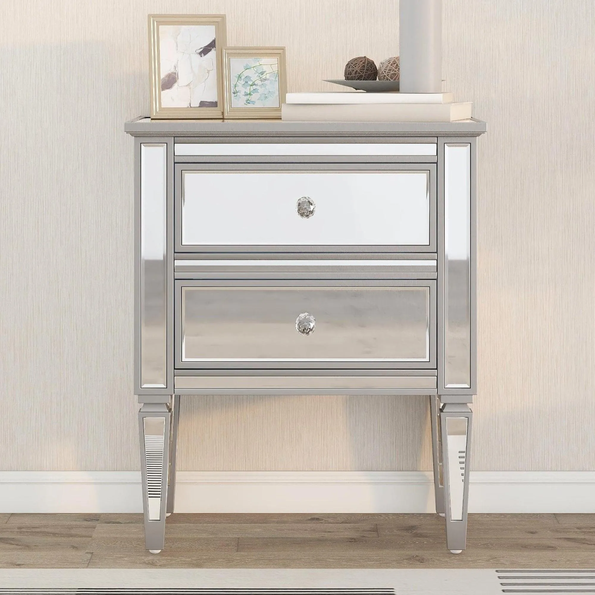 Elegant Mirrored Nightstand with 2 Drawers, Modern Silver Finished End Table Side Table for Living Room Bedroom