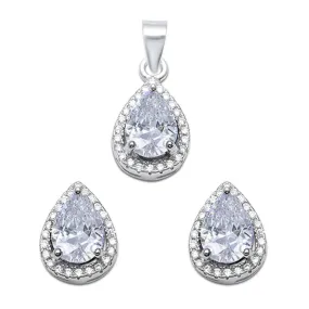 Fashion Women's 925 Sterling Silver Pear Shape Cubic Zirconia Pendant & Earring Set