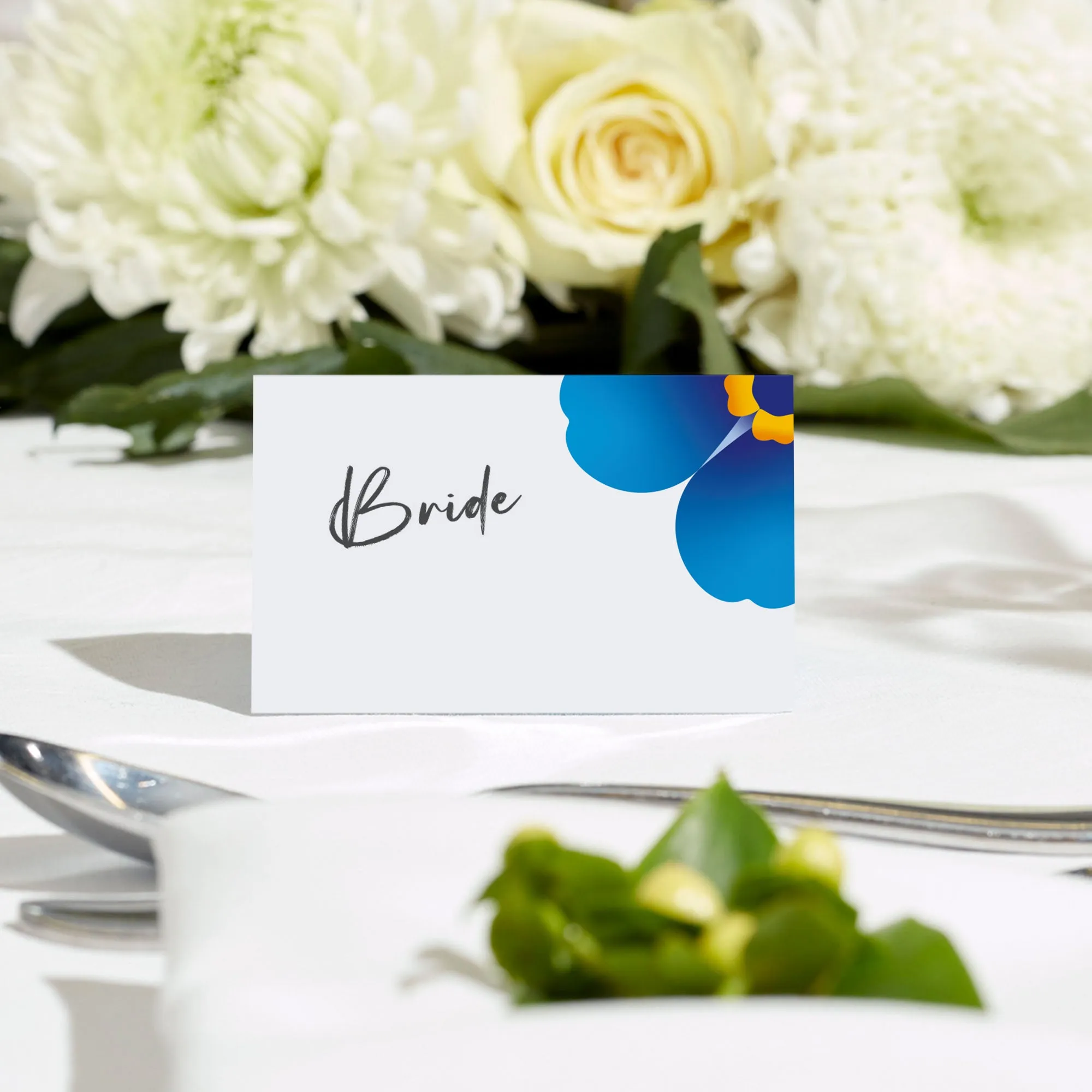 Gold metal forget-me-not flower pin badge and wedding table cards x 10