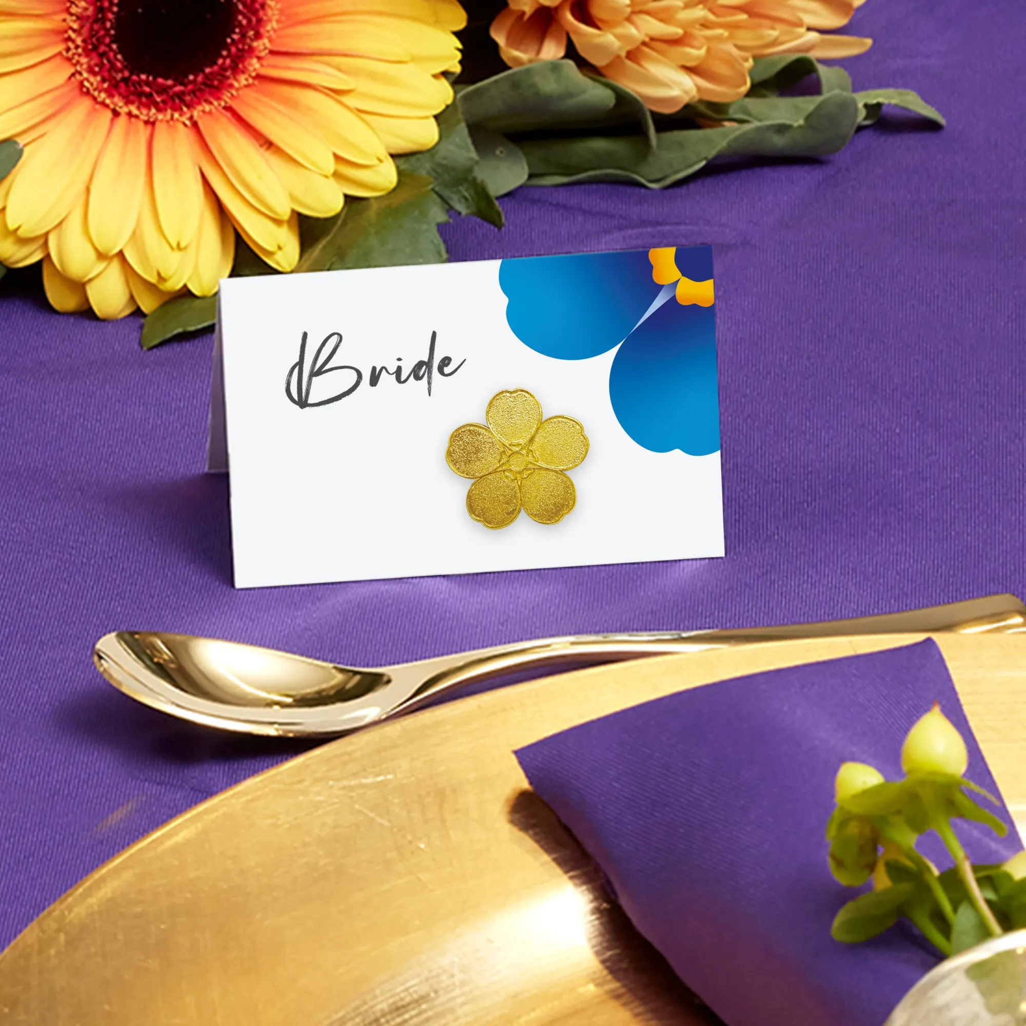 Gold metal forget-me-not flower pin badge and wedding table cards x 10