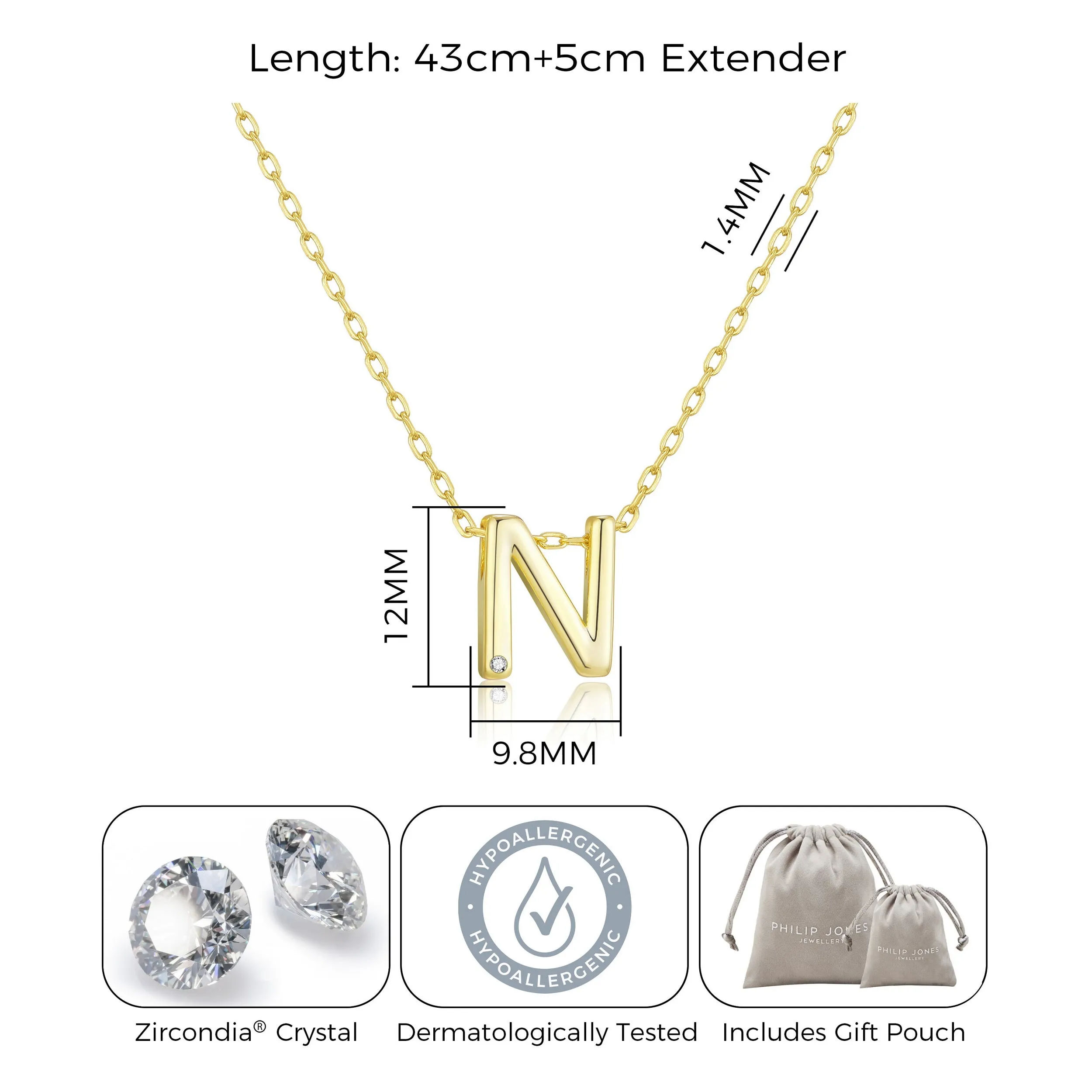 Gold Plated Initial Necklace Letter N Created with Zircondia® Crystals
