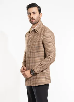 Houndstooth Checks-Hawaiian Brown, Wool Rich Worsted Tweed Double Collar Jacket