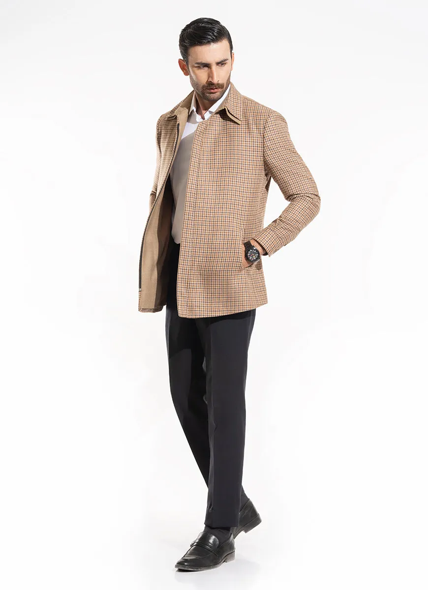 Houndstooth Checks-Hawaiian Brown, Wool Rich Worsted Tweed Double Collar Jacket
