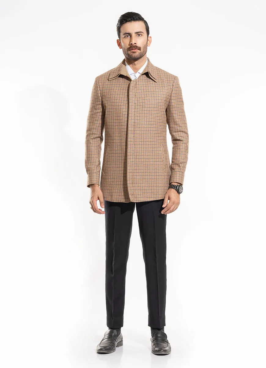 Houndstooth Checks-Hawaiian Brown, Wool Rich Worsted Tweed Double Collar Jacket