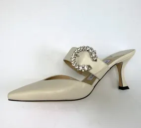 Jimmy Choo Marta 70 Latte Cream Leather Mules with Rhinestone Buckle Strass Heels