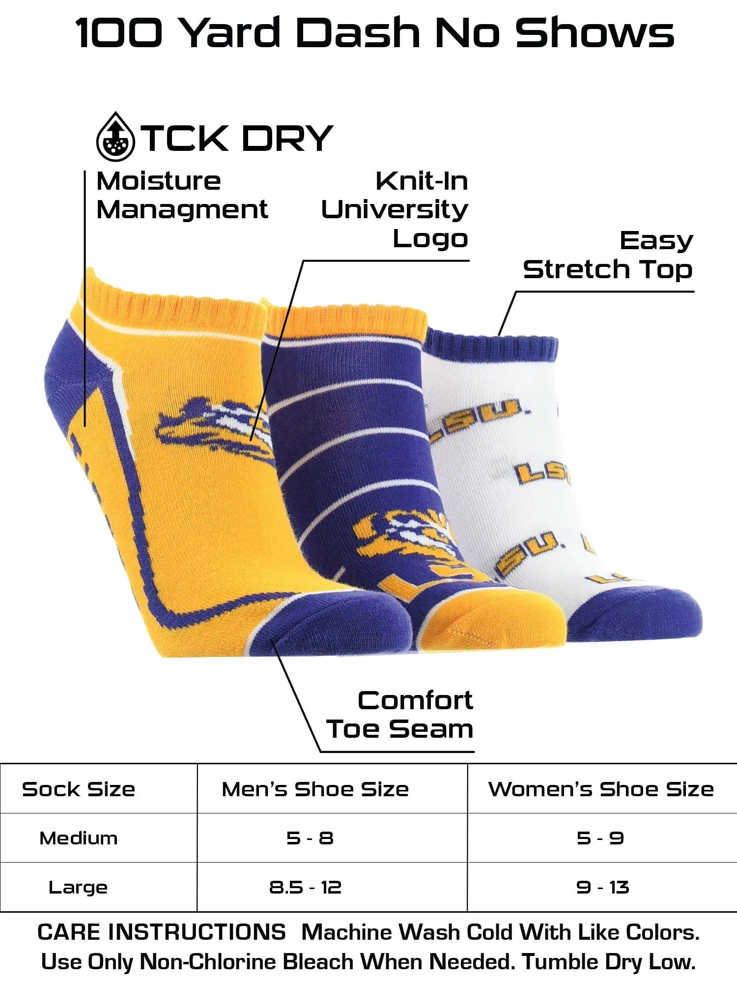 LSU Tigers No Show Socks Full Field 3 Pack