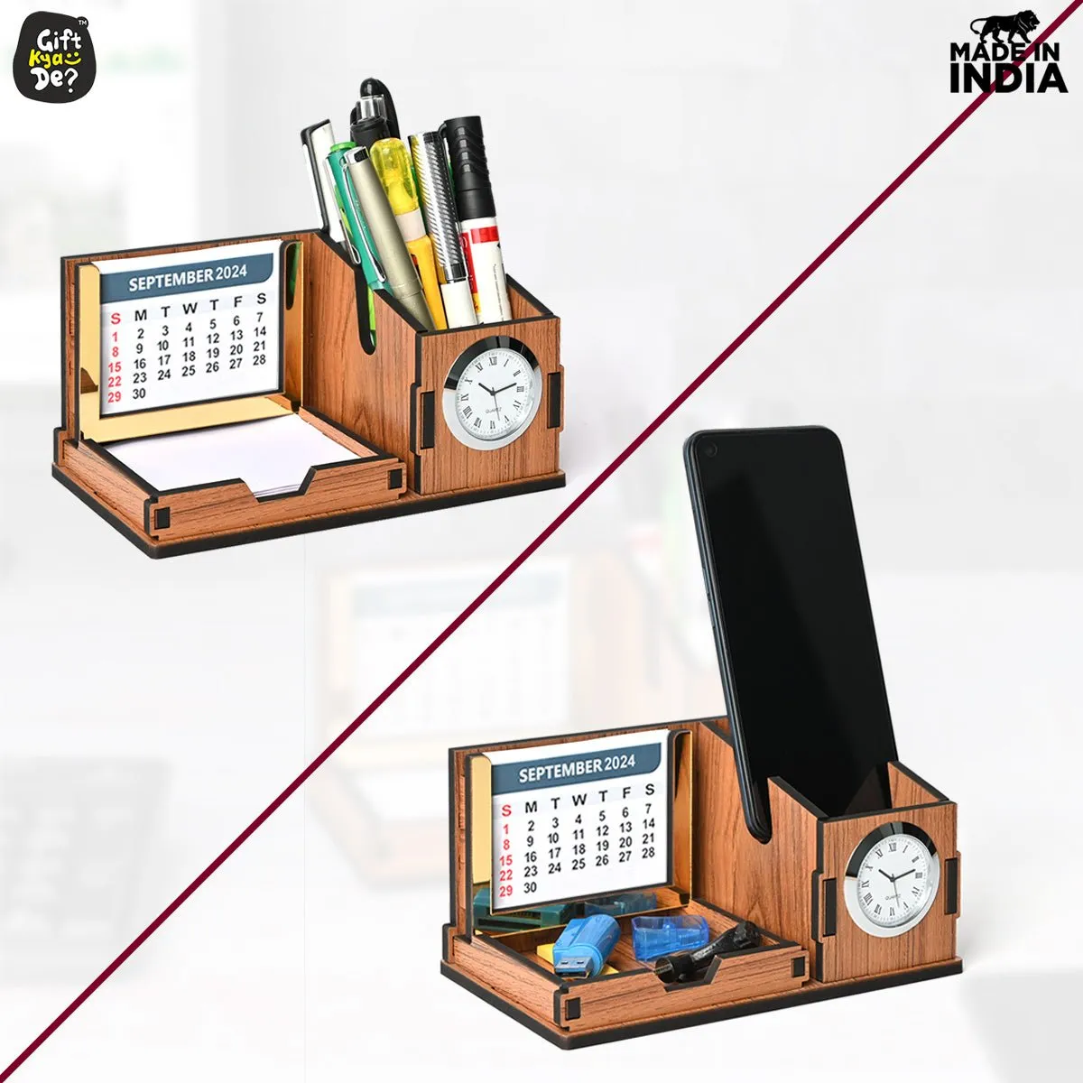 Mini Desk Organizer with Clock & Calendar 2024 | Desk Calendar | Desk Accessories