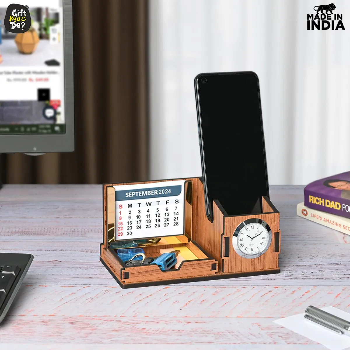 Mini Desk Organizer with Clock & Calendar 2024 | Desk Calendar | Desk Accessories