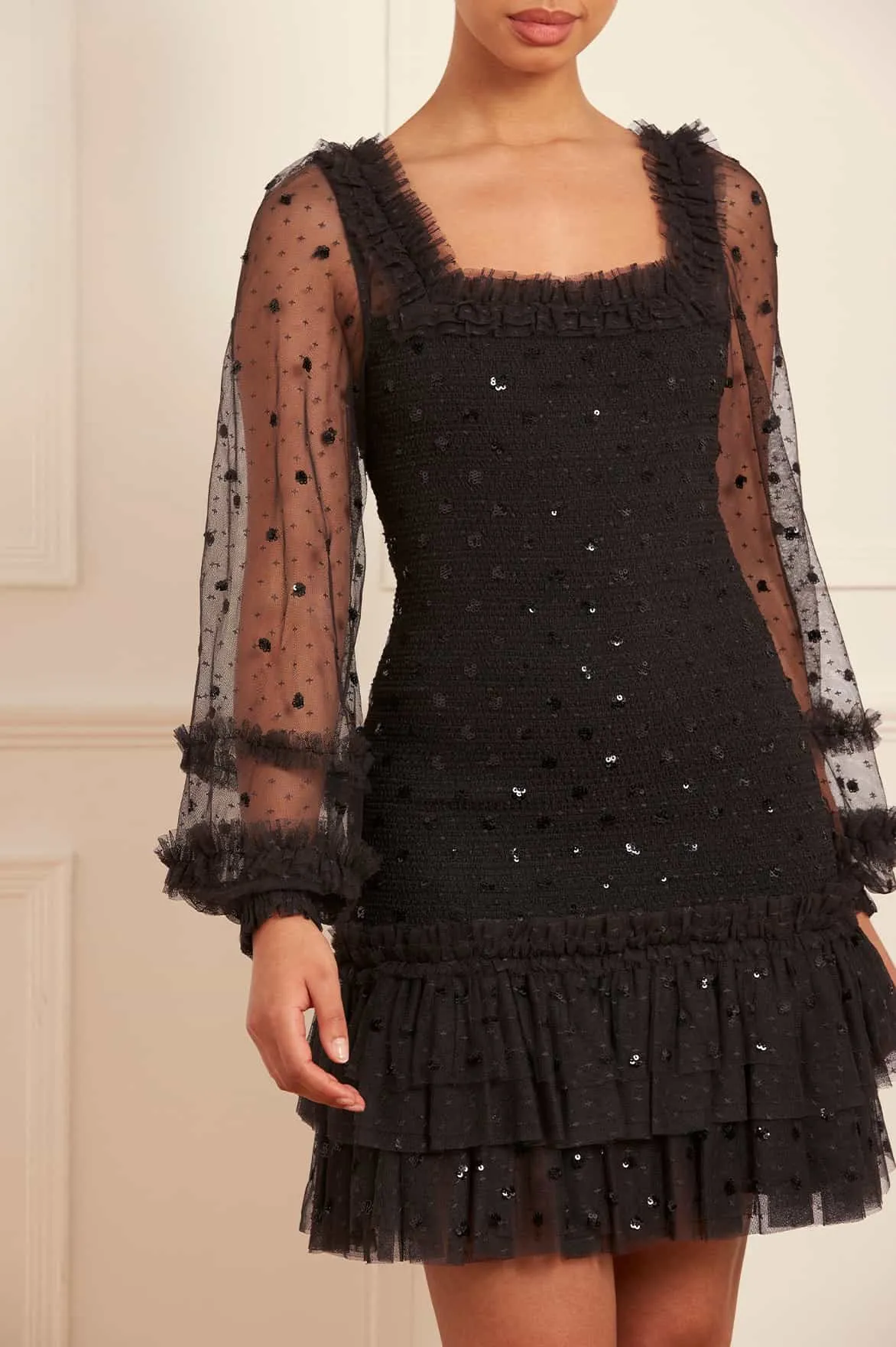 Polka Dot Smocked Long Sleeve Micro Mini Dress