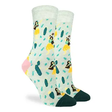 "Hula Girls" Cotton Crew Socks by Good Luck Sock- Medium - SALE