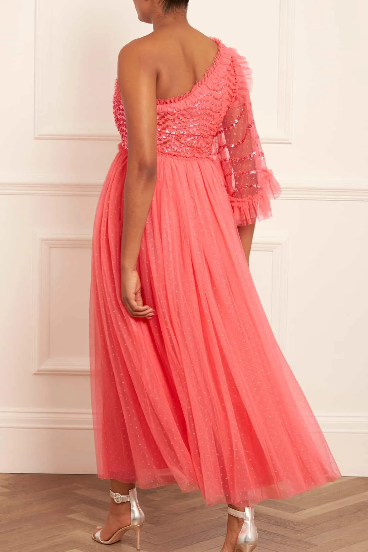 Shimmer Wave Bodice One-Shoulder Ankle Gown