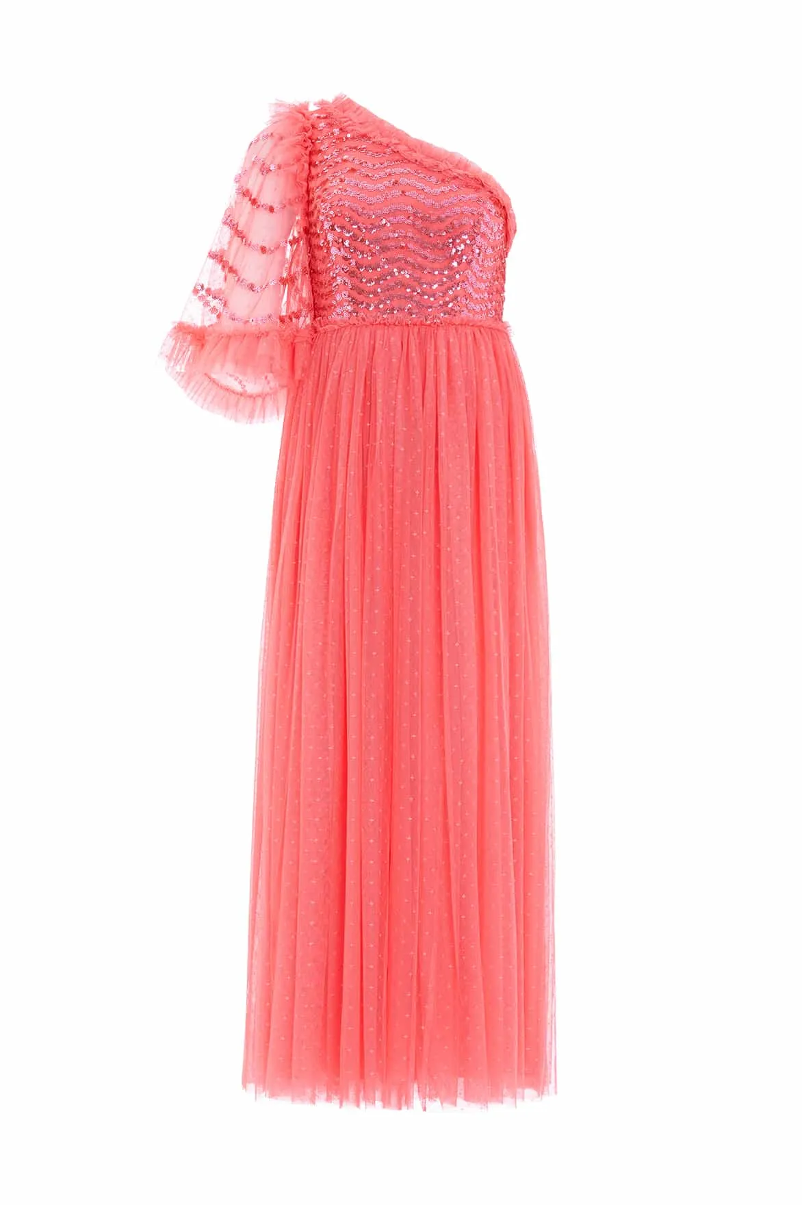 Shimmer Wave Bodice One-Shoulder Ankle Gown