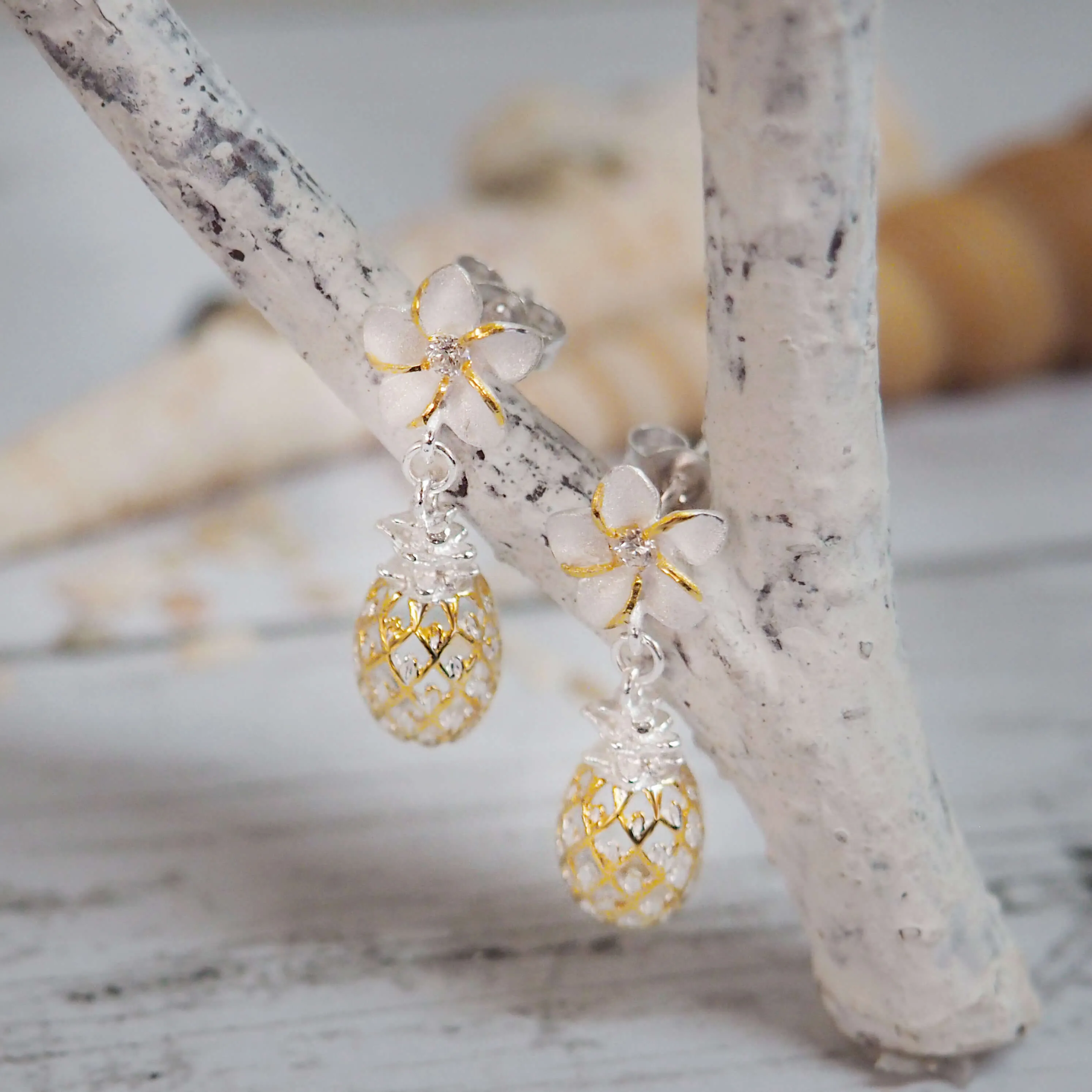 Sterling Silver Plumeria and Pineapple Dangle Earrings