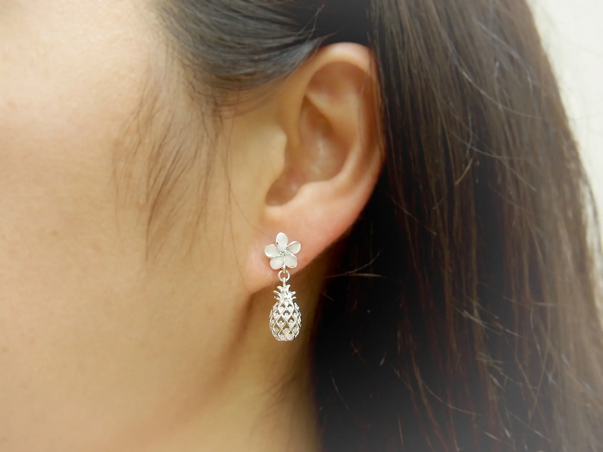 Sterling Silver Plumeria and Pineapple Dangle Earrings