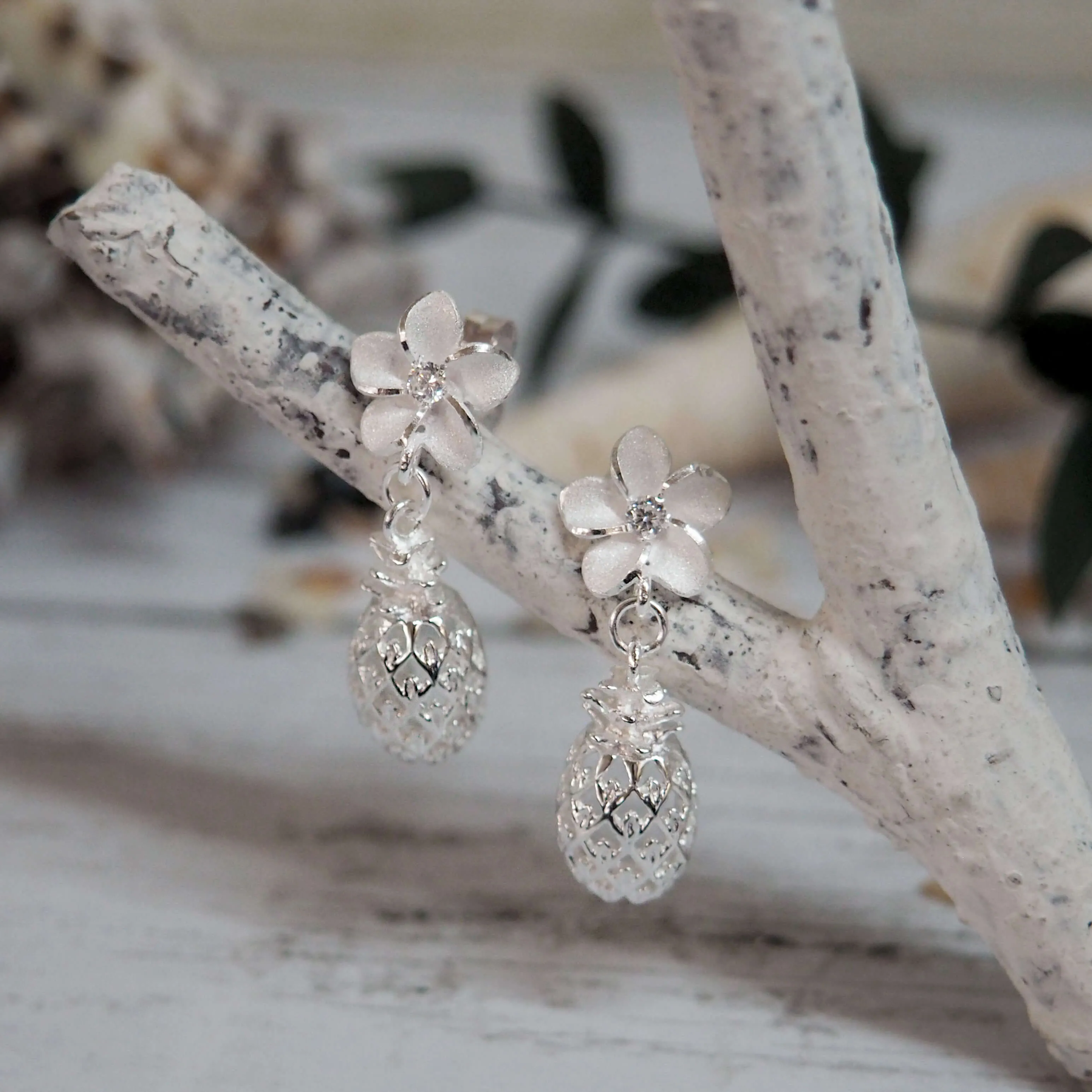 Sterling Silver Plumeria and Pineapple Dangle Earrings