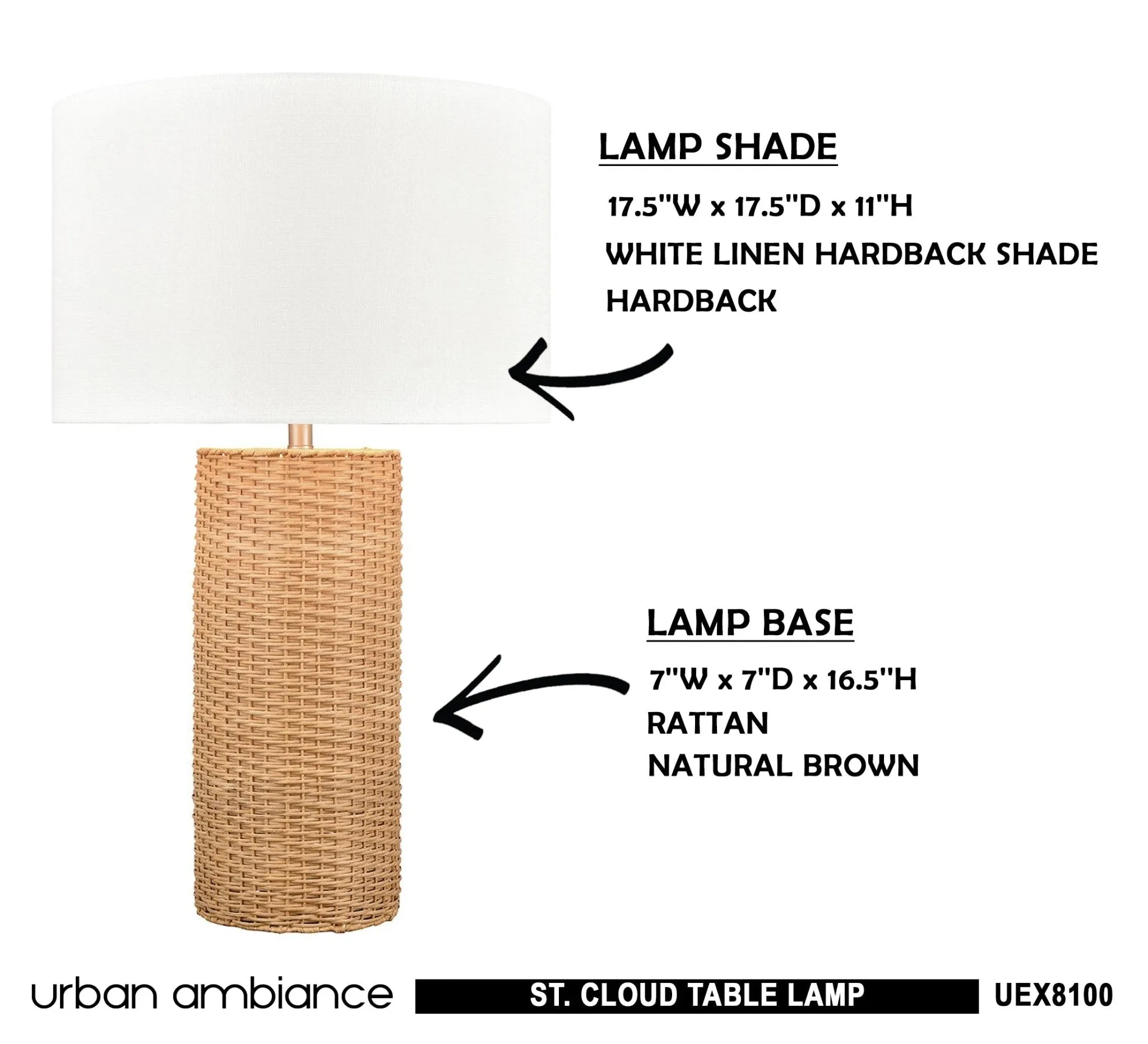 UEX8100 Scandinavian Table Lamp 17.5''W x 7.5''D x 30''H, Natural Brown Finish, St. Cloud Collection