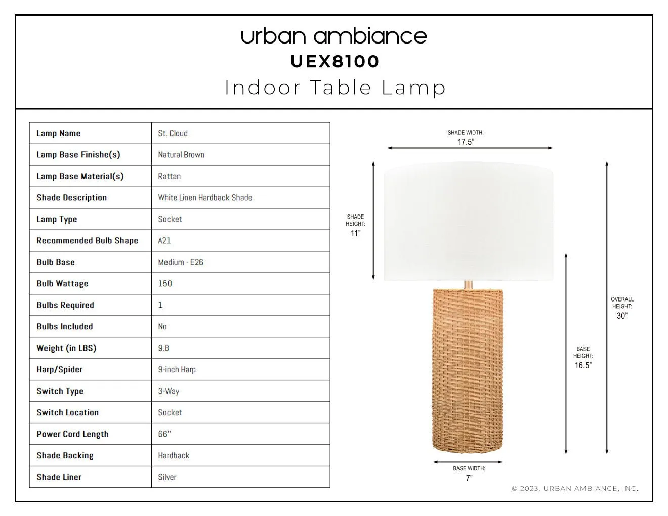 UEX8100 Scandinavian Table Lamp 17.5''W x 7.5''D x 30''H, Natural Brown Finish, St. Cloud Collection